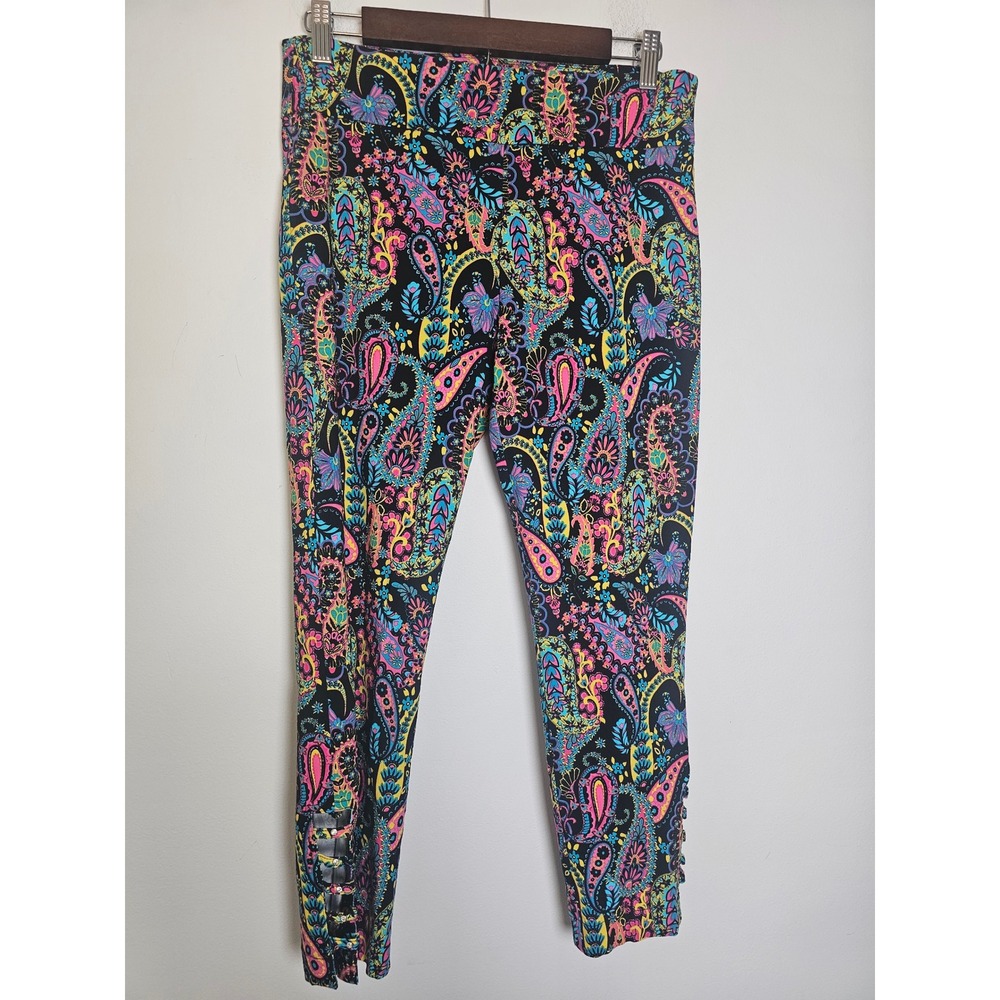 Attyre New York Paisley Crop Pants Womens 8 Black Pink Rhinestone Cutout P649473